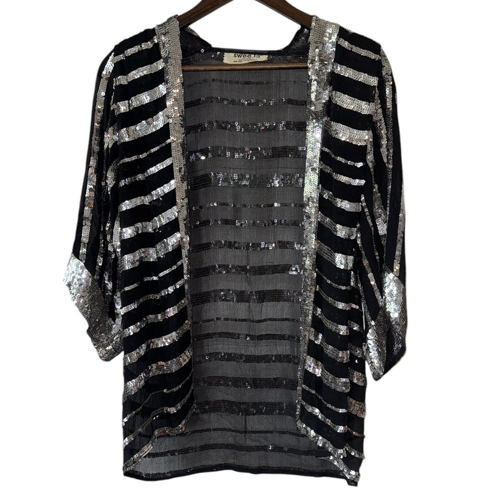 Vintage Swee Lo Silver Sequin Silk Sheer 80s Open Front 3/4 Sleeve Cardigan Sz L